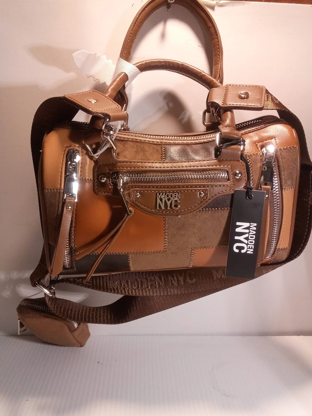 Madden NYC Brown Patchwork Satchel Top Handle, Small, Detachable Strap Zip